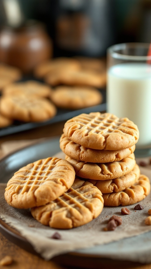 A plate of peanut butter cookies stacked with a glass of milk, set in a warm kitchen.